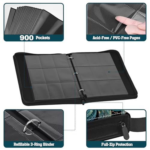 Trading Card Binder 9 Pocket, 900-Pocket Zippered 3-Ring Card Binder with 50 Double-Sided Pages, Fits 2.5" x 3.5" Cards, Acid-Free PVC-Free, Water-Resistant PU Cover, Wrist Strap, Fox Design - color: Teal Swirl Fox