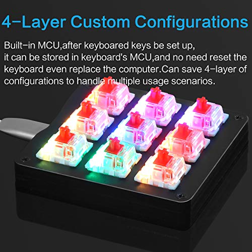 Koolertron One Handed Macro Mechanical Keyboard, RGB LED Backlit Portable Mini One-Handed Mechanical Gaming Keypad OSU! Keyboard 9 Fully Programmable Keys Red Switches - color: Black/Red Switches