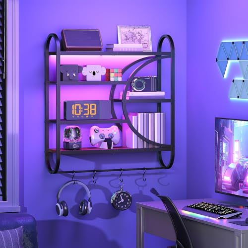 HOOBRO Gaming Floating Shelf with LED Lights, 28.9" LED Wall Mounted Shelf, 5-Tier Display Rack for Wall Storage, Floating Rack with Hanging Rod and 4 S-Hooks, Rustic Brown and Black BF50DBJ01 - color: Rustic Brown + Black