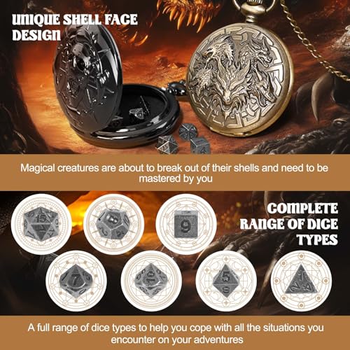 D&D Dice Set,7PCS Metal Dice for Dungeons and Dragons,Mini Dice Set with Pocket Watch Case,Role Playing Board Games Accessories (Dragon, Black) - color: Black, style: Dragon