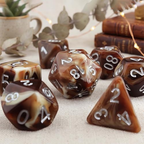 Haxtec Coffee DND Dice Set, 7-Piece Resin Polyhedral Dice for Table Games | Brown Latte RPG Dice with Velvet Pouch, D20 with Espresso Cup Icon, Compatible with Dungeons and Dragons, MTG Gifts - color: Coffee