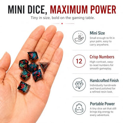 Mini DND Dice Set Tiny Dice 7 Pcs Handmade Sharp Edge Accessories Dice for Dungeons and Dragons, Polyhedral Resin Dice - color: Mini-blue Red