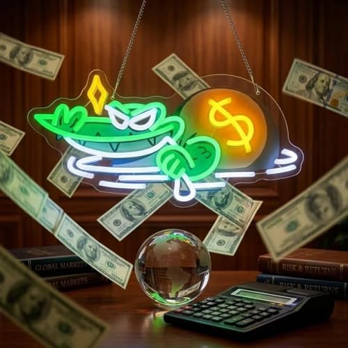 Money Bag Crocodile Neon Light, Green Crocodile LED Sign with Gold Coin Symbol, Cool Wall Decor for Game Rooms, Bars, Man Cave, Boys’ Bedroom, Money-Themed Gifts for Men - color: RATF-Green