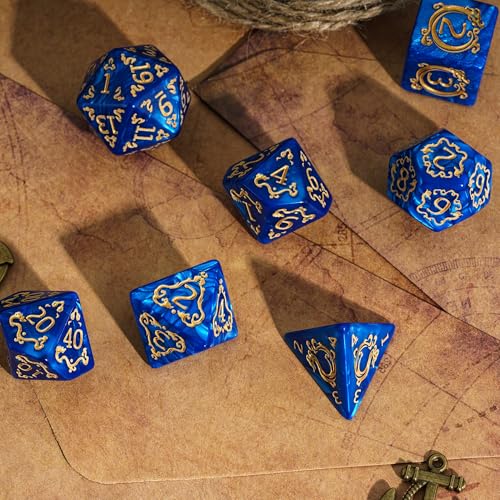 7-Die DND Dice Set Dragon Pattern Polyhedral Die with Leather Bag D&D Dice Set for RPG Table Games (Blue W/Gold Dragon Pattern) - color: Blue W/Gold Dragon Pattern