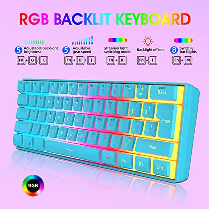 DGG 60% Wired Gaming Keyboard, Pudding Keycaps with Translucent Layer, RGB Backlit Ultra-Compact Small Keyboard, Waterproof Mini Compact 61 Keys Keyboard for PC/Mac Gamer, Typist, Travel, Blue - color: Blue