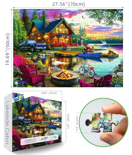 1000 Piece Puzzle for Adults Lakeside Sunset Log Cabin Jigsaw Adult Puzzles with Fire Pit & Dock Lake Landscape Puzzle with Letters on Back, Fun Games for Adult Game Night - color: Colorful- Sunset Log Cabin