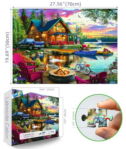 1000 Piece Puzzle for Adults Lakeside Sunset Log Cabin Jigsaw Adult Puzzles with Fire Pit & Dock Lake Landscape Puzzle with Letters on Back, Fun Games for Adult Game Night - color: Colorful- Sunset Log Cabin