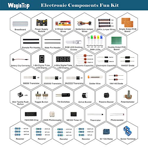 Electronics Component Fun Kit w/E-Book, Upgraded Electronic Starter Kit with Breadboard, Jumper Wires, PCB Soldering Kit, LEDs & Resistor Kit for Arduino, Raspberry Pi, ESP32, ESP8266