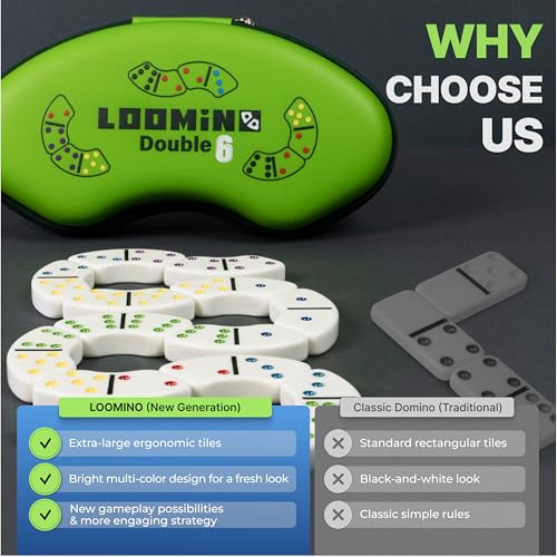 Queensell Loomino - Curved Dominoes Set for Kids and Adults — New Generation Dominoes for Family Game Night — Family Board Games for Kids and Adults - size: Loomino Double 6