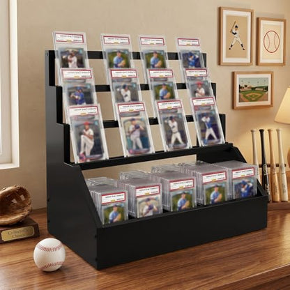 Trading Card Display Stand with 5-Row Storage，3-Tier Large Capacity Graded Card Display，Wooden Cards Display Stand for Soprts Cards Collection & Show