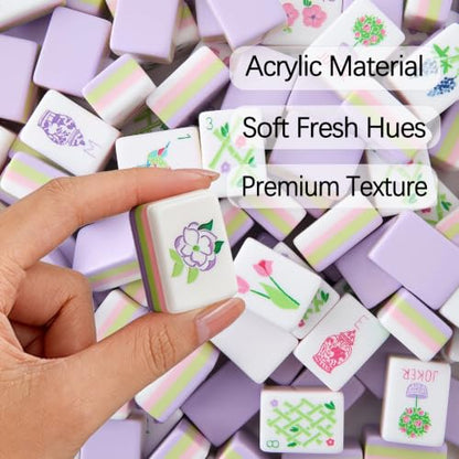 Mahjong Tiles Set, 4-Layer American Mahjong Tiles with 50 Chips,3 Dice & Blue Printed Carrying Bag Case, 160 Pcs Mahjong Sets with Acrylic Engraving for Home, Travel & Game Nights - color: Floral