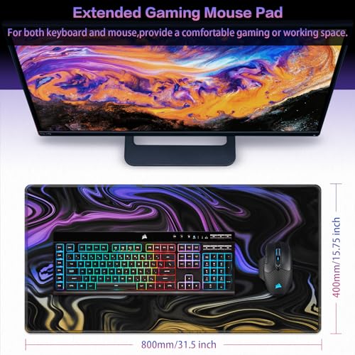 Canjoy Gaming Mouse Pad, Fluid Pattern Mouse Pad 31.5x15.7inch Large Extended Computer Mouse Mat Keyboard Full Desk Mousepad for Gaming, Office, Home - color: Blue-purple Fluid, size: 800*400mm