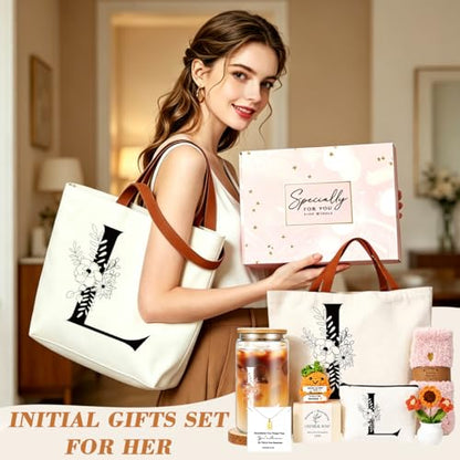DHQH Birthday Gifts for Women, Monogrammed Gifts Gifts Box Included 16 oz Initial Glass Drinking Cup,Canvas Tote Bag, Personalized Iced Coffee Tumbler Gift for Women Her Mom Teacher Friends Sister, L - color: letter-cup-l