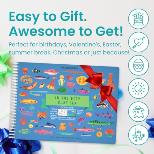 Ocean 500+ Kids Sticker Book by Cupkin Toddler Airplane Travel Activity Coloring and Sticker Book, Road Trip Essentials, 12 Coloring Pages 12 Scenes for Ages 2–8 Years - color: Deep Blue Sea