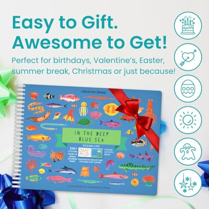 Ocean 500+ Kids Sticker Book by Cupkin Toddler Airplane Travel Activity Coloring and Sticker Book, Road Trip Essentials, 12 Coloring Pages 12 Scenes for Ages 2–8 Years - color: Deep Blue Sea