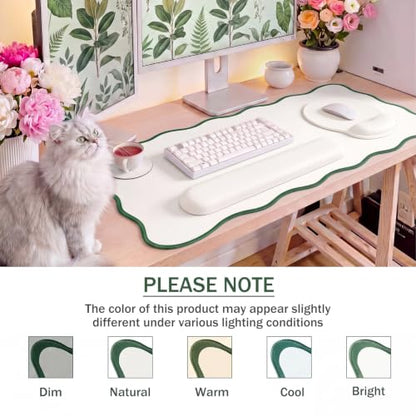 Sabary Scalloped Desk Mat Keyboard Mouse Pad Set 31.5 x 15.7 Inch Green Cute Aesthetic Preppy Table Mat Keyboard Wrist Rest Mouse Pad with Wrist Rest Coaster Ergonomic Non-Slip Waterproof Gaming Desk - color: Green, size: 31.5 x 15.7 Inch