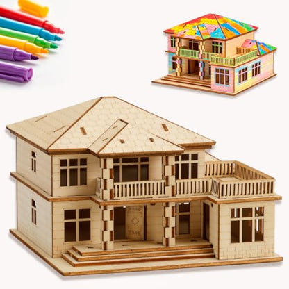 3D Wooden Puzzle for Adults, Villa Model Kit, DIY Building Puzzle | Miniature building kit, home office decor, stress relief craft, screen-free hobby, gift for friends/teens/DIY lovers - style: Two Layers