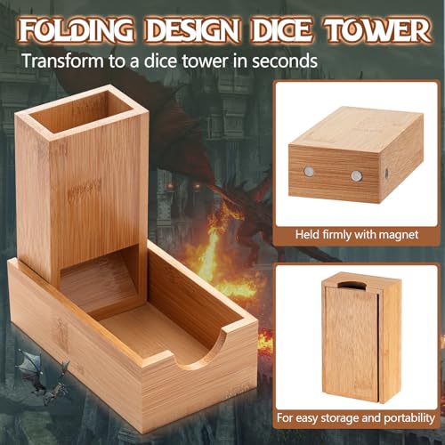 Arrowbash 2 Pcs Dice Roller Tower with 14 Polyhedral Dice Set Foldable Wooden Dices Tower Castle Collapsible Rolling Case for Tabletop Games Board Games, 5.4 x 3.2 x 1.8''