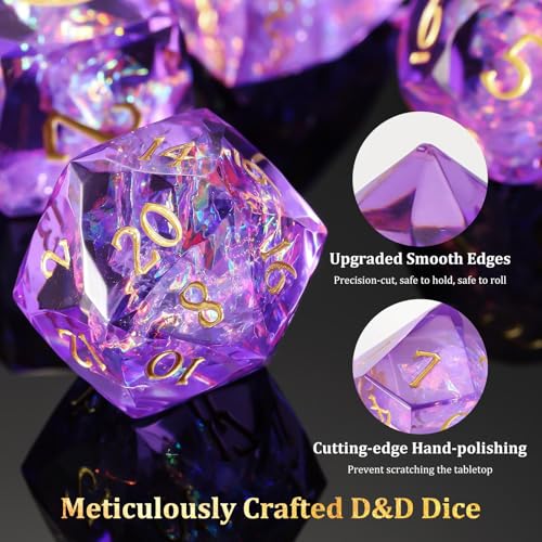 MoKo Resin DND Dice Set, 7PCS Sharp Edge Polyhedral, Purple | Gold Numbers, D&D RPG Tabletop Games, Gift Box Storage Bag, D20 D12 D10 D8 D6 D4 D% - color: 3 - Purple