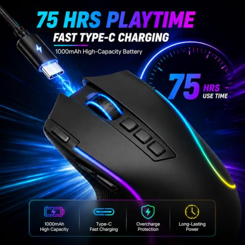 E-YOOSO Ergonomic Wireless Gaming Mouse, Tri-Mode, Rapid Fire Key, 8000 DPI | 9 programmable buttons, 6 RGB modes, 75-hour battery, contoured thumb rest, 1000Hz polling, for right-handed gaming and work