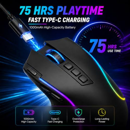E-YOOSO Ergonomic Wireless Gaming Mouse, Tri-Mode, Rapid Fire Key, 8000 DPI | 9 programmable buttons, 6 RGB modes, 75-hour battery, contoured thumb rest, 1000Hz polling, for right-handed gaming and work