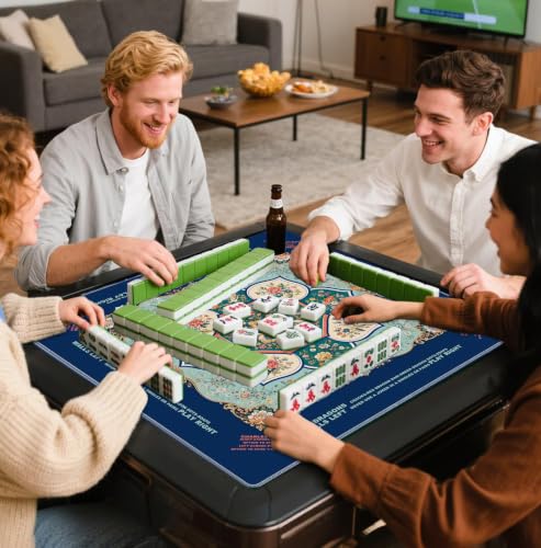 Blue and Green Chinoiserie Floral Mahjong Mat 31.5x31.5 Inch | Islamic Majolica Floral Bird Non-Slip Noise Reduction Mah Jong Table Mat Cover Gifts for Mahjong Lovers Dominoes - color: Chinese-style Flowers
