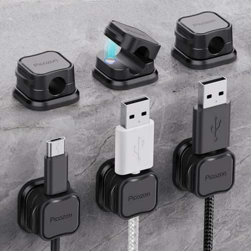 6 Pack Magnetic Cable Clip Organizer Cord Holder, Picozon Adhesive Cable Management, Wire Phone USB Charger Cable Holder, Keeper Organizer for Office Home Desktop Table - Black - size: Pack of 6