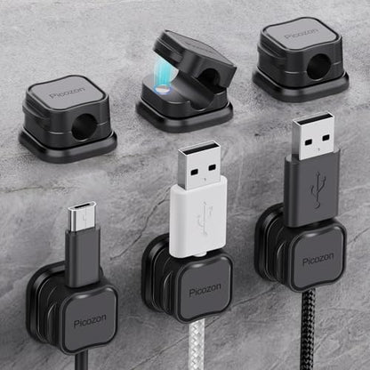6 Pack Magnetic Cable Clip Organizer Cord Holder, Picozon Adhesive Cable Management, Wire Phone USB Charger Cable Holder, Keeper Organizer for Office Home Desktop Table - Black - size: Pack of 6