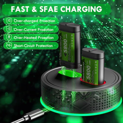 Rechargeable Battery Pack for Xbox One/Series X/S,2 x 5800mWh Rechargeable Batteries with RGB Charger Station,Fast Charging Battery Station for Xbox One S/X/X-Sereies S/X