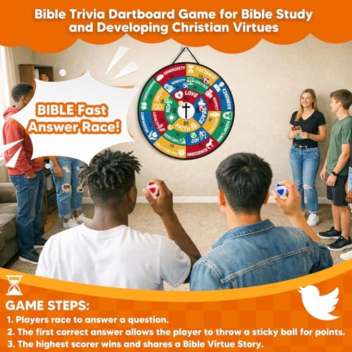 Garybank Bible Trivia Dartboard Game for Kids to Develop Biblical Virtue | 280 Trivia Questions, 20 Christian Virtue Cards, 24 Sticky Balls, Learn Bible Stories and Verses, Youth Group Pastor Ministry