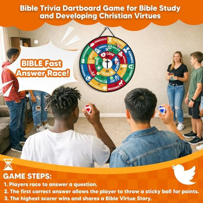 Garybank Bible Trivia Dartboard Game for Kids to Develop Biblical Virtue | 280 Trivia Questions, 20 Christian Virtue Cards, 24 Sticky Balls, Learn Bible Stories and Verses, Youth Group Pastor Ministry