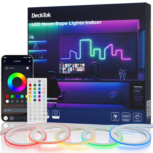 DeckTok Led Neon Rope Lights - Flexible Led Control with App/Remote Rope Lights 16.4FT Multiple Modes RGB IP65 Waterproof Outdoor Neon Music Sync Gaming Strip for Bedroom Wall Decor Indoor/Outdoor - size: 16.4FT