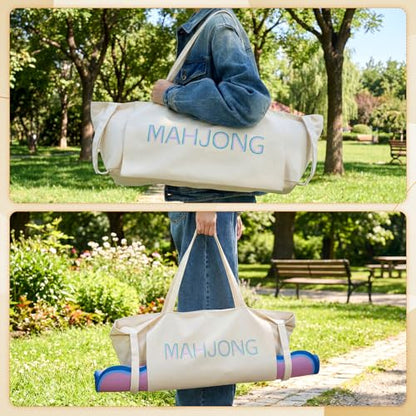 Abbylike 28x9 Inches Mahjong Bag for Rolled Mat Tiles Racks Pushers Accessories Empty Mahjong Tote Bag with Zipper Closure Outer Pockets Lining Large Capacity(Beige,Canvas) - color: Beige