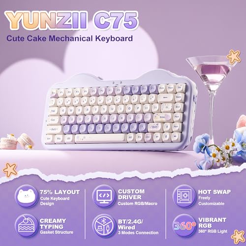 YUNZII C75 Wireless Mechanical Keyboard,75% Layout, Hot-Swappable NKRO,BT5.0/2.4G/USB-C Mode,Dye-Sub PBT MOA Keycaps,RGB Gasket Mount,Cute Cake Design for Mac/Win/Gaming (Purple, Candy Switch) - color: Purple, size: Candy Switch