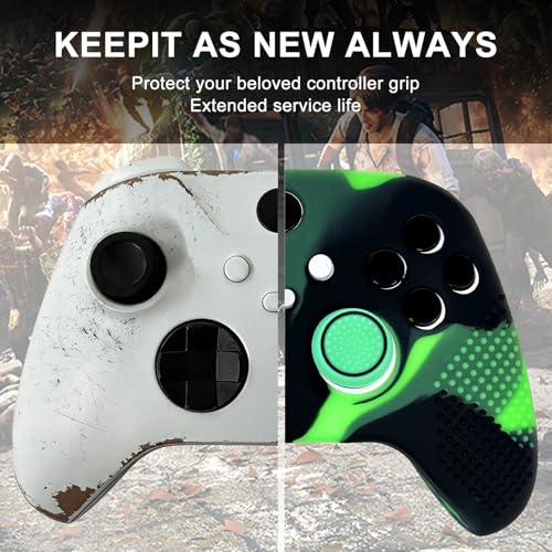 Anti-Slip Green Black Controller Skin,Studded Edition Protective Silicone Cover Skin Grips Compatible with Xbox Series X/S Controller and 6 PCS Thumb Grips Caps. - color: Green Black