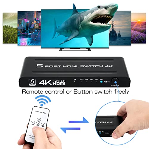 4K HDMI Switch 5 in 1 Out, 5 Port HDMI Switcher Selector Box with IR Remote Control & Auto Switch, Support 4K@30Hz, HDR, HDMI 1.4, HDCP, 3D, 1080P for HDTV PS3 PS4 Xbox Projector Blu-ray Player - size: 4K@30Hz/5 in 1 Out