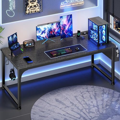 DurayLoly 63 x 24 inch Large Gaming Desk, 24mm Thick Desktop with RGB LED, Computer Desk with Built-in Power Outlets, Detachable Stand, 150LBS Heavy Duty, Ultimate Desk for Pro Gamers, Black - color: Black, size: 63 Inch