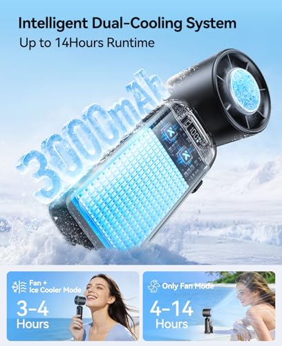 KIMMOO Handheld Portable Turbo Fan with Ice Cooler, Powerful 21000 RPM, Speed (1-199), Up to 14Hrs Cooling, Rechargeable Personal Fan, Small Pocket Hand Fans for Travel/Outdoor/Home/Office (Black) - color: Black