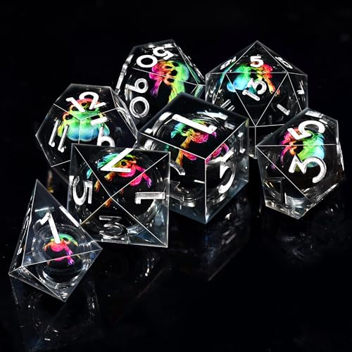 AUSTOR 7 Die DND Dice Set 7 Pieces Colourful Skull Dice DND Resin Role Playing D and D Dice D20 D12 D10 D8 D6 D4 Sharp Edge Dungeons and Dragons Dice with Case - color: Colourful Skull