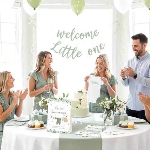 Woodland Guess How Many Baby Shower Game Pack of 1 Tabletop Sign with Stand and 50 How Many Cards, Green Clothes Gender Reveal Party Game Decoration - style: Woodland