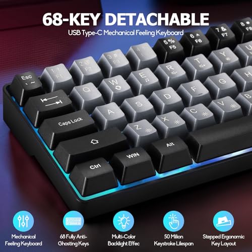 Guiheng Wired Portable 60% Mechanical Gaming Keyboard,RGB LED Backlit Compact 68 Keys Mini Wired Office Keyboard with Red Switch for Windows Laptop PC Mac -Grey and Black - color: grey and black