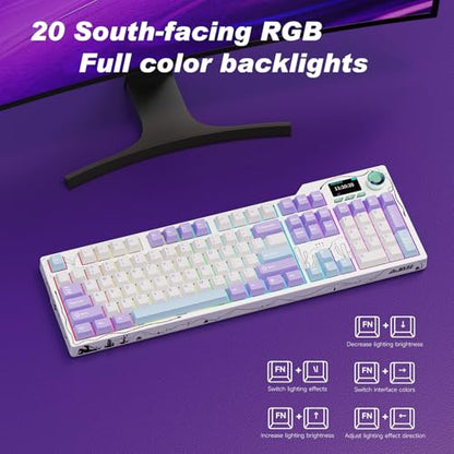 Ajazz AK35I V4 Full Size Wireless Mechanical Keyboard with 1.14" Color Screen & Knob, Tri-Mode Gasket Hot Swappable Gaming Keyboard, 10000mAh Battery, RGB, Purple - color: Purple White
