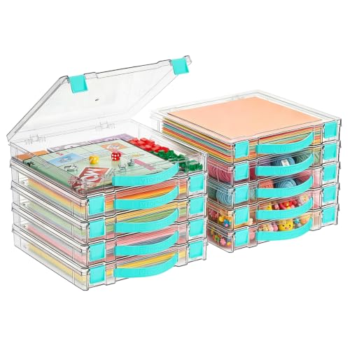 Vtopmart 10 Pack Board Game Storage with Handle and Snap-Tight Latch Lid | Clear Craft Organizer Fit 12" x 12" Papers, Stackable Storage Box for Scrapbook Storage, Art Supply Storage, Puzzle Storage - size: 10 Pack