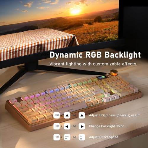 iRocks K85R Wireless RGB Backlit Mechanical Gaming Keyboard with LCD Display, Hot-Swappable Pre-lubed Brown Switches, 98 PBT Keys, USB-C Detachable Cable (Light Golden, Bubble Switch) - color: Light Golden