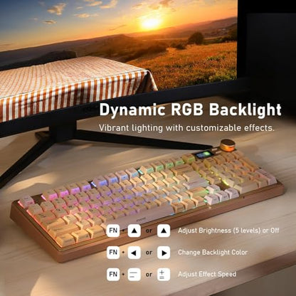 iRocks K85R Wireless RGB Backlit Mechanical Gaming Keyboard with LCD Display, Hot-Swappable Pre-lubed Brown Switches, 98 PBT Keys, USB-C Detachable Cable (Light Golden, Bubble Switch) - color: Light Golden