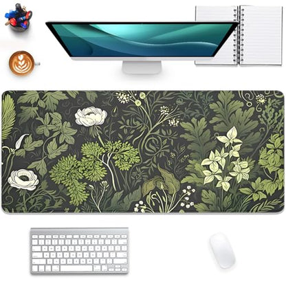 Sage Green Floral and Plant Desk Pad Mouse Pad,Large Gaming Mouse Mat with Stitched Edges,Non-Slip Waterproof Rubber Base Mous Mat for Office Computer Keyboard Laptop Home(27.5X11.8 in) - color: Botanical Art Nouveau