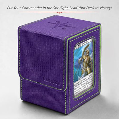 MTG Deck Box with Commander Display Window (Purple&Green, 1 window) | Holds 120 Single/100 Double-Sleeved Cards, Fit MTG/PTCG/OPTCG Cards, Strong Magnet, PU Leather, With 2 Dividers & 1 Toploader - color: Purple and Green