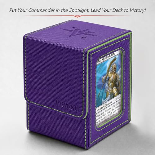 MTG Deck Box with Commander Display Window (Purple&Green, 1 window) | Holds 120 Single/100 Double-Sleeved Cards, Fit MTG/PTCG/OPTCG Cards, Strong Magnet, PU Leather, With 2 Dividers & 1 Toploader - color: Purple and Green