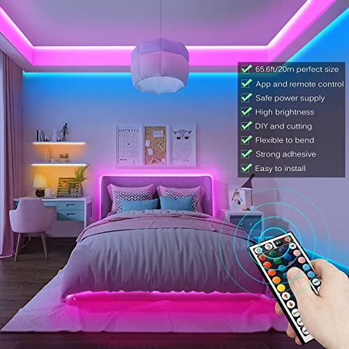 Tenmiro Led Lights for Bedroom, Music Sync LED Rope Lights APP Control with Remote, RGB Led Strip Lights for Room Kitchen Party Home Decoration (65ft) - size: 65FT