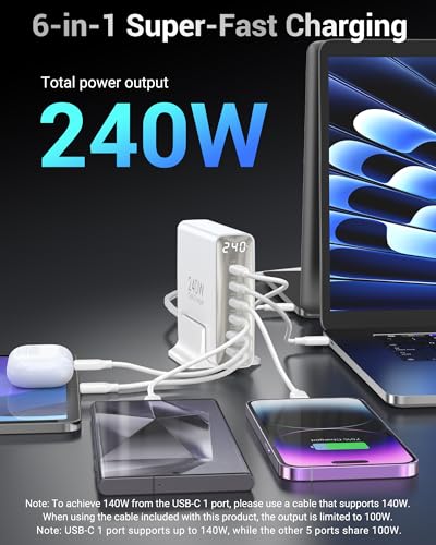 TOPADRE 240W USB C Charger with Display,6 Ports Charging Station | Laptop GaN Desktop Charger,140W Fast Charging Block for MacBook, iPad, iPhone 17/16, Galaxy S25/S24, Dell XPS and More - color: White